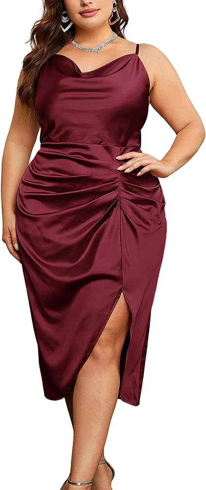 KIMCURVY Women's Plus Size Satin Dress Ruched Spaghetti Strap Cowl Neck Midi Party Cami Dress for... | Amazon (US)