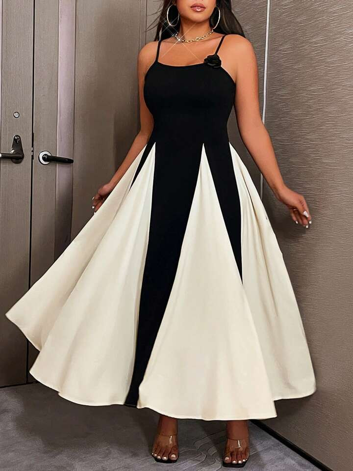 Cravure Plus Size Women's Black & White Color-Block Floral Pattern Sleeveless Elegant Long Dress, Suitable For Spring & Summer Maxi Women Outfit Prom | SHEIN