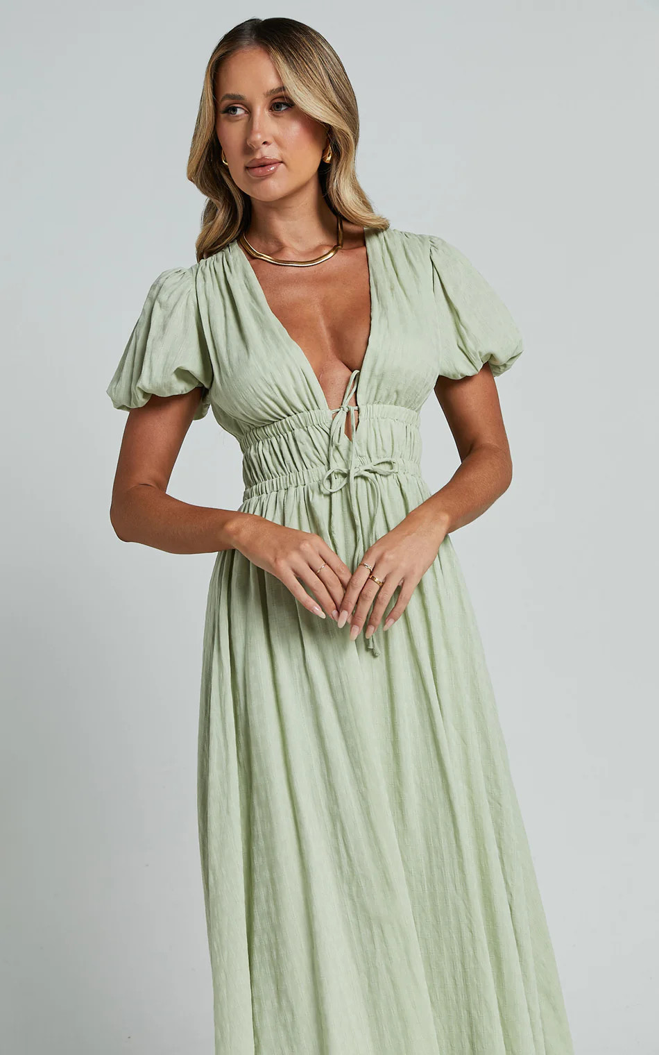 Matteo Midi Dress - Deep V Neck Puff Sleeve Dress in Sage | Showpo (US, UK & Europe)