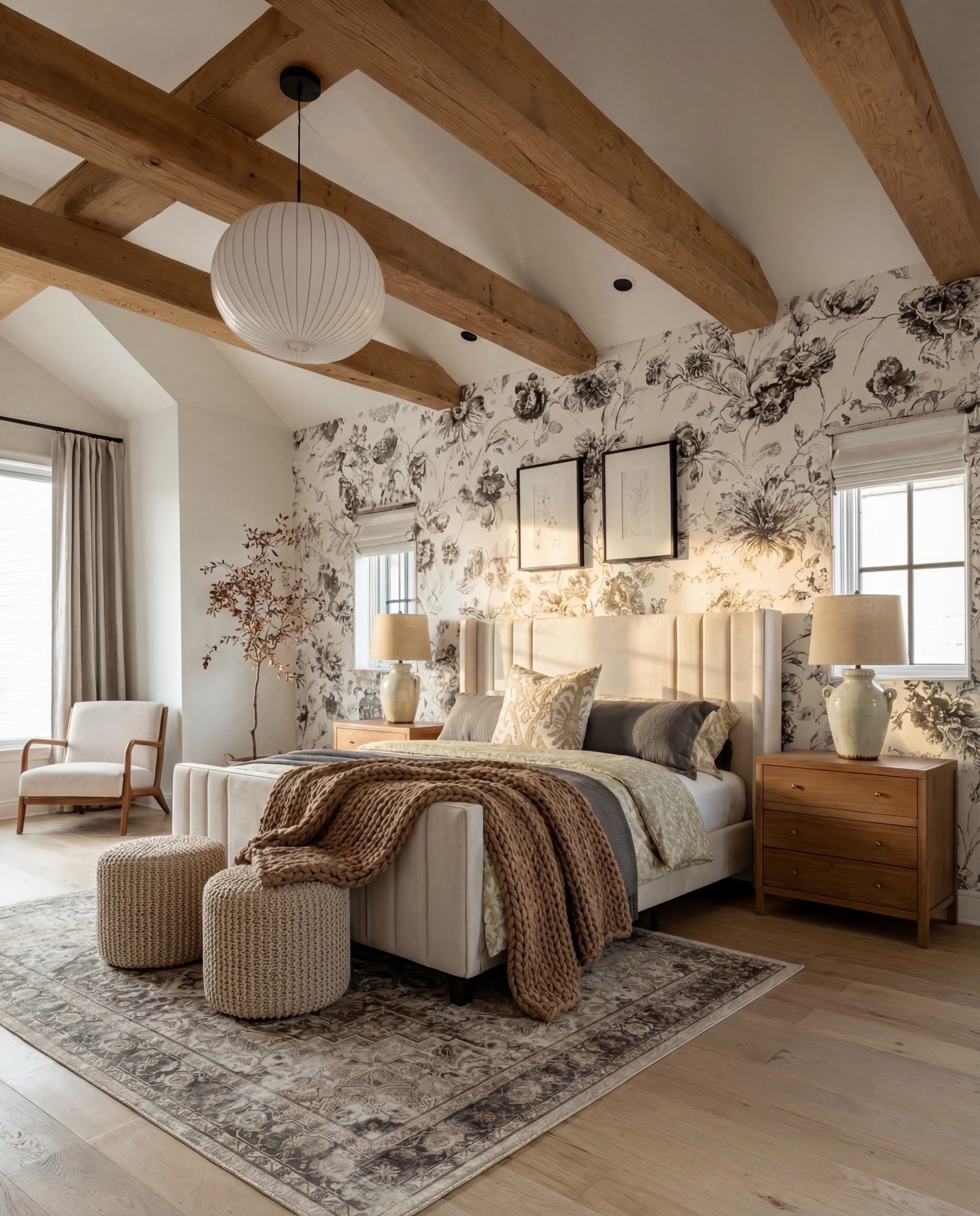 Items in this room:
• Upholstered channel-tufted bed — ivory/cream
• Chunky knit throw — warm chestnut brown
• Decorative pillows — muted sage, oatmeal, charcoal
• Light oak nightstands — natural finish
• Ceramic table lamps — soft cream
• Woven ottomans — natural jute
• Patterned area rug — taupe, sand, charcoal
• Accent chair — cream upholstery with warm wood frame
• Botanical wall art — black frames
• Floral wallpaper — charcoal sketch on ivory background



#LTKSaleAlert #LTKHome #LTKSpringSale
