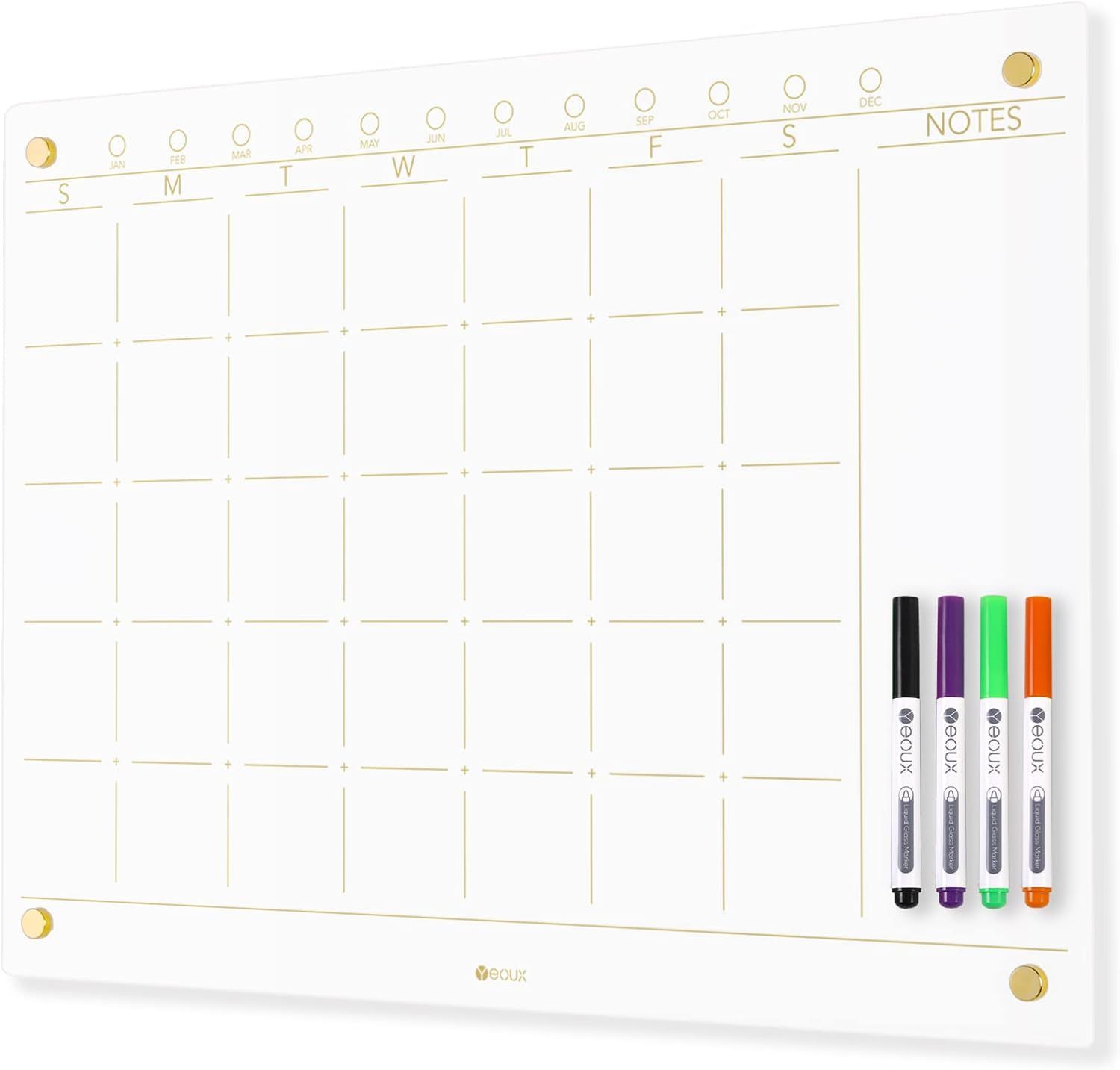 Glass Golden Monthly Dry Erase Calendar Whiteboard for Wall, 17" x 23", Frameless Large Monthly P... | Amazon (US)