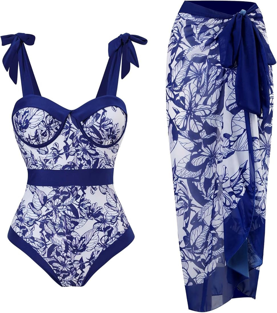 Women Swimsuits Abstract Printing Notched Square/V Neck Floral Vacation One Piece with Cover Up | Amazon (US)