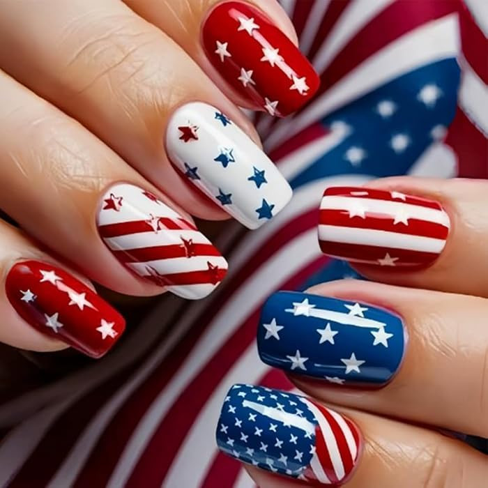 24Pcs 4th of July Press on Nails Short Red White Blue Square False Nails for Independence Day Pat... | Amazon (US)