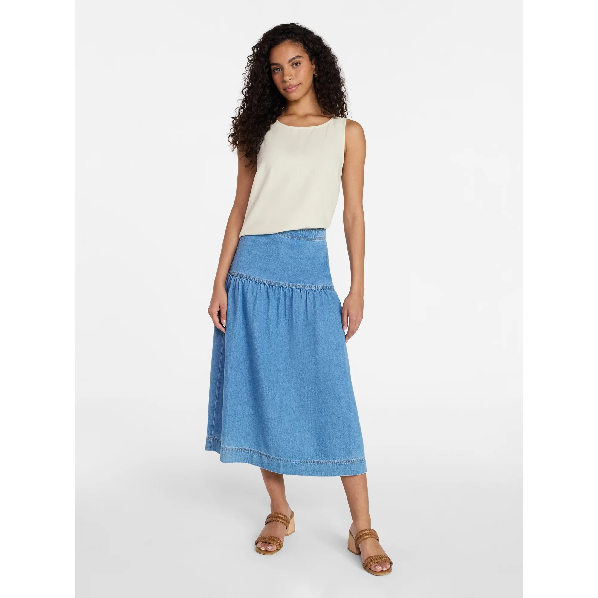 Time and Tru Women's Drapey Denim Midi Skirt, Sizes 0-20 | Walmart (US)