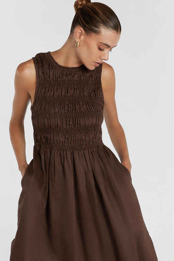LESSI BITTER CHOC LINEN MAXI DRESS | DISSH