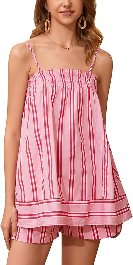 Women 2 Piece Lounge Set Striped Summer Pajama Set Sleeveless Peplum Cami Top and Wide Leg Shorts... | Amazon (US)