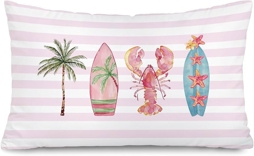 Surfer Girl Room Decor, Pink Beach Coastal 12x20 Pillow Cover, Tropical Coastal Ocean Palm Tree S... | Amazon (US)