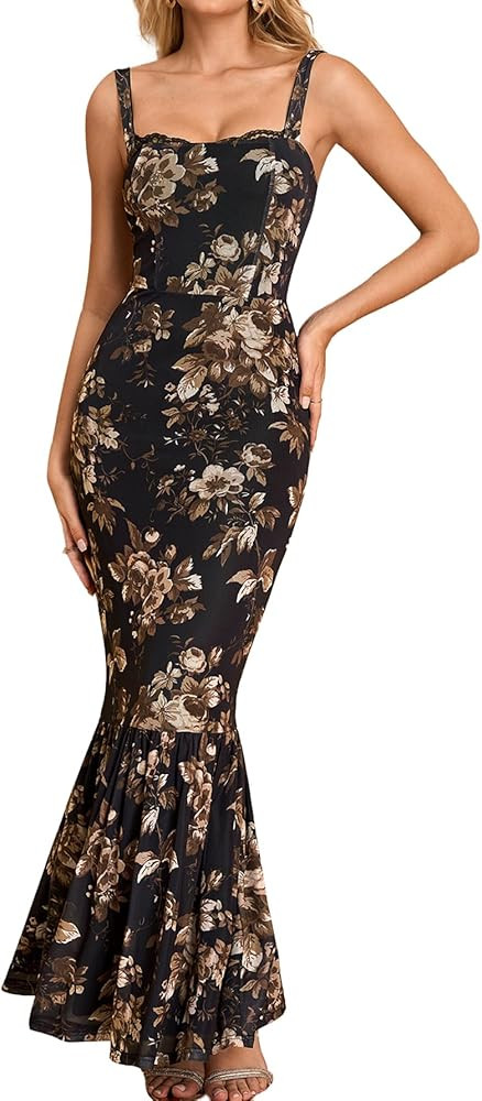 HTZMO Women Floral Wedding Guest Bodycon Maxi Dress Lace Square Neck Formal Party Elegant Long Dresses | Amazon (US)