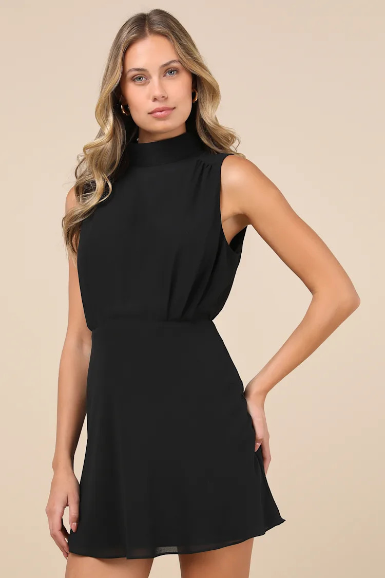 Classic Elegance Black Chiffon Sleeveless Mock Neck Mini Dress | Lulus
