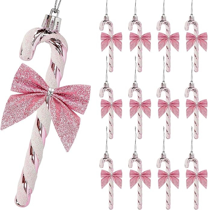12 Pcs Candy Cane Christmas Decorations,5.5inch Glitter Candy Cane Bows for Xmas Tree Hanging Orn... | Amazon (US)