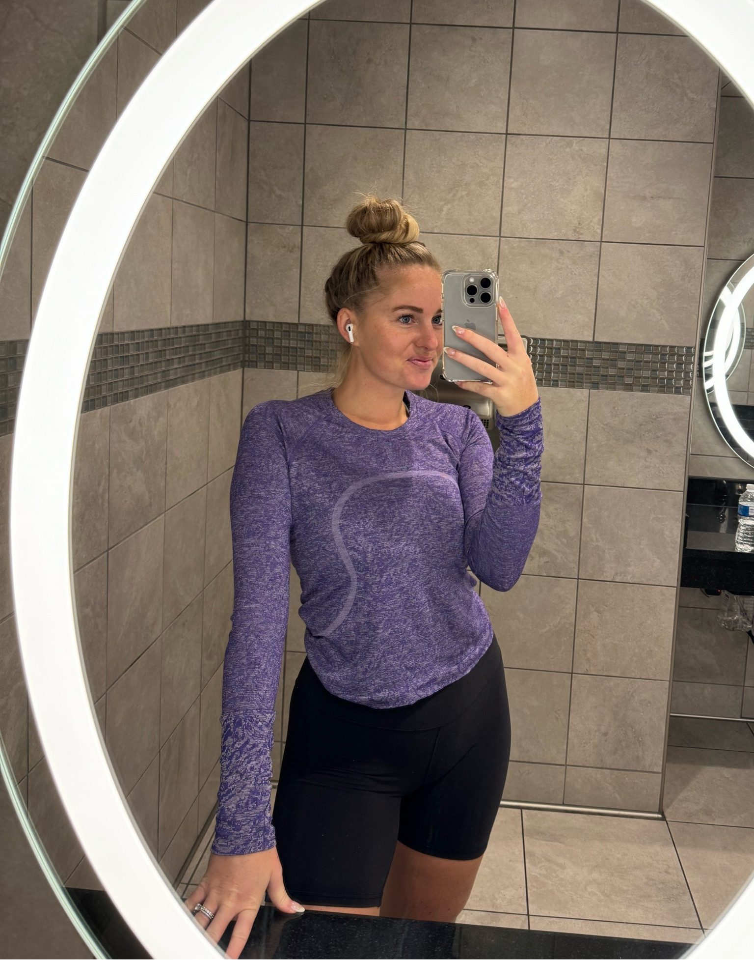 Favorite workout outfit.
-The only biker shorts I have found that don’t ride down or roll up while running and lifting. Wearing a size 8.
-This long sleeve is so flattering and comfortable. TTS

#LTKstyletip #LTKfitness #LTKtravel