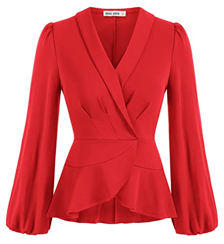 Red Tops for Women Elegant Work Blouse Summer Long Sleeve Office Shirt Shawl Collar Wrap Tops Red S | Amazon (US)