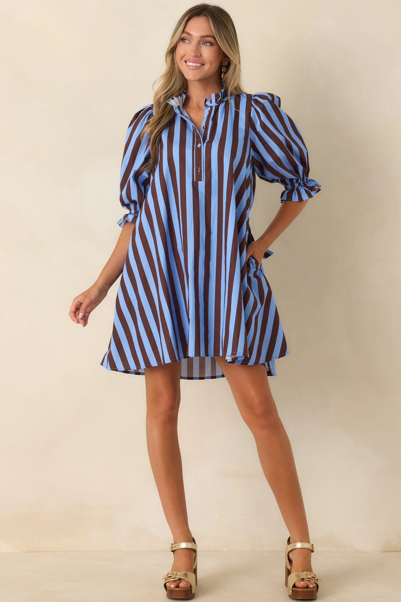 Here's the Plan Blue & Brown Stripe Cotton Mini Shift Dress | Red Dress