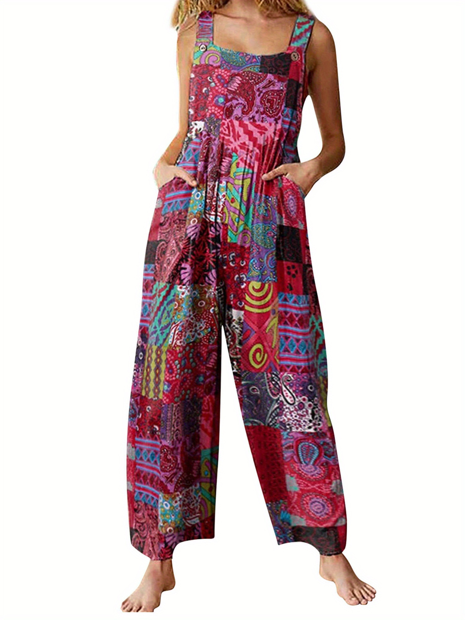 Women Summer Overalls Multicolor Ethnic Style Square Neck - Temu | Temu Affiliate Program