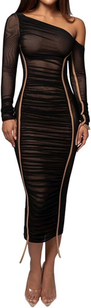 Sexy Bodycon Maxi Dress for Women Sheer Long Sleeve Off The Shoulder Party Club Ruched Mesh Dress... | Amazon (US)