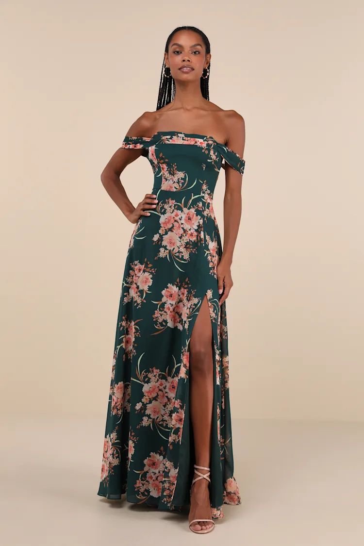 Emerald Green Floral Off-the-Shoulder Maxi Dress | Emerald Green Dress | Dark Green Dress | Lulus