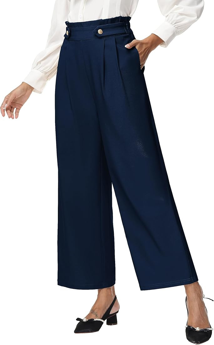 Belle Poque Womens Wide Leg Dress Pants High Waisted Paper Bag Business Casual Pants | Amazon (US)