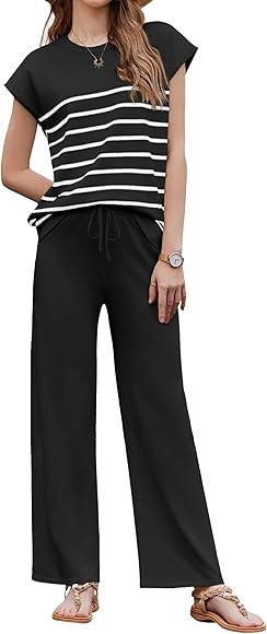 Ekouaer Striped Lounge Set 2 Piece Sweater Matching Outfits Travel Knit Clothing Sets for Women | Amazon (US)