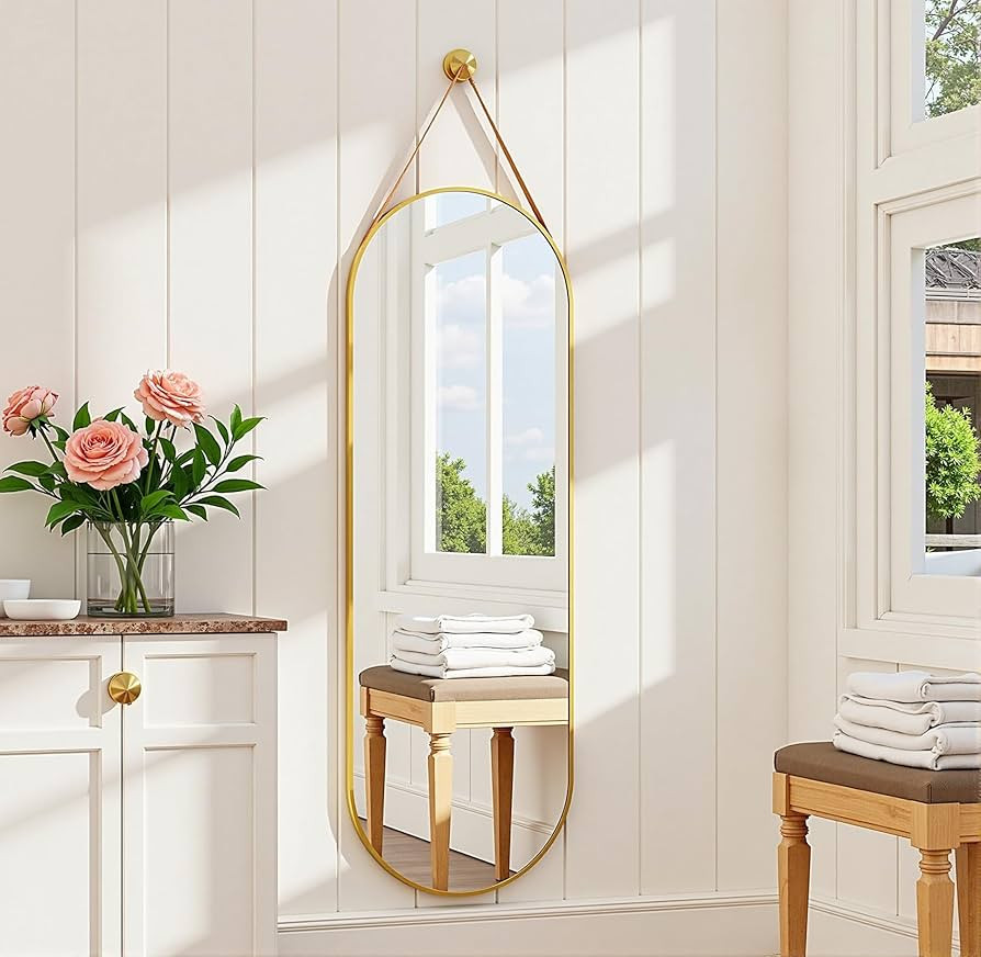 16"x48" Oval Full Length Mirror with Leather Strap Hanging Mirror with Aluminum Frame, Oval Gold ... | Amazon (US)
