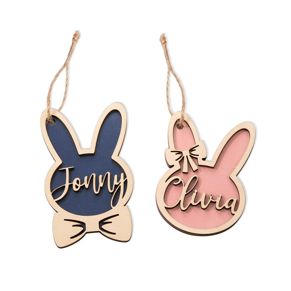 Custom Easter Basket Name Tags Wooden Cute Bowknot Bow Tie Bunny Easter Basket Decorations | Amazon (US)
