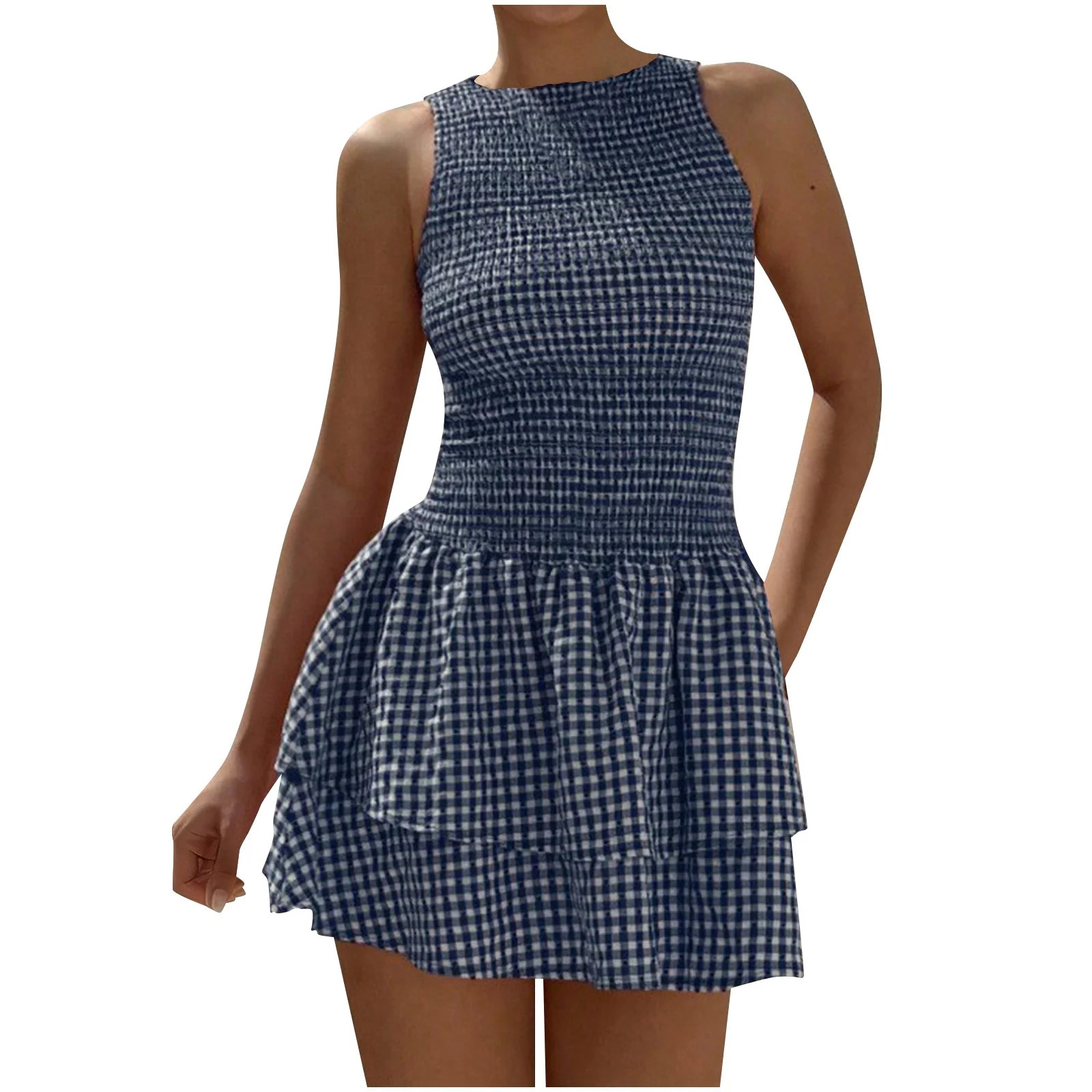 Mini Dress Sevevn Women's Gingham Smocked Mini Dress Sleeveless Tiered Ruffle Hem Summer Dress Bl... | Walmart (US)