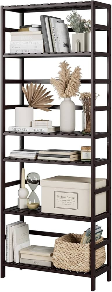FOTOSOK 6-Tier Bamboo Shelf, Bamboo Bookcase with Adjustable Shelves, Free Standing Storage Shelf... | Amazon (US)