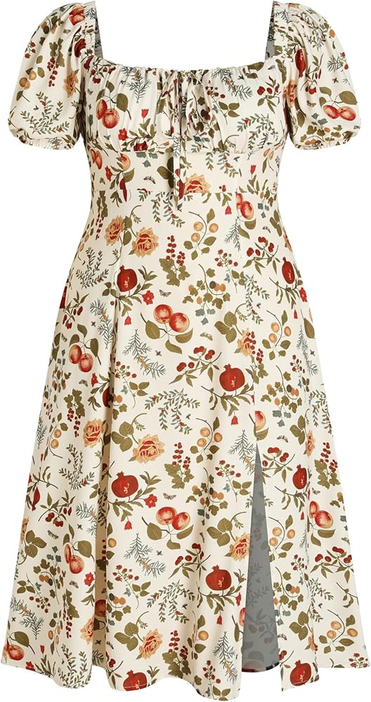 CIDER Plus Size Midi Dress Summer Fruit Patterned Square Neck Puff Sleeve Boho Vacation Casual Mi... | Amazon (US)