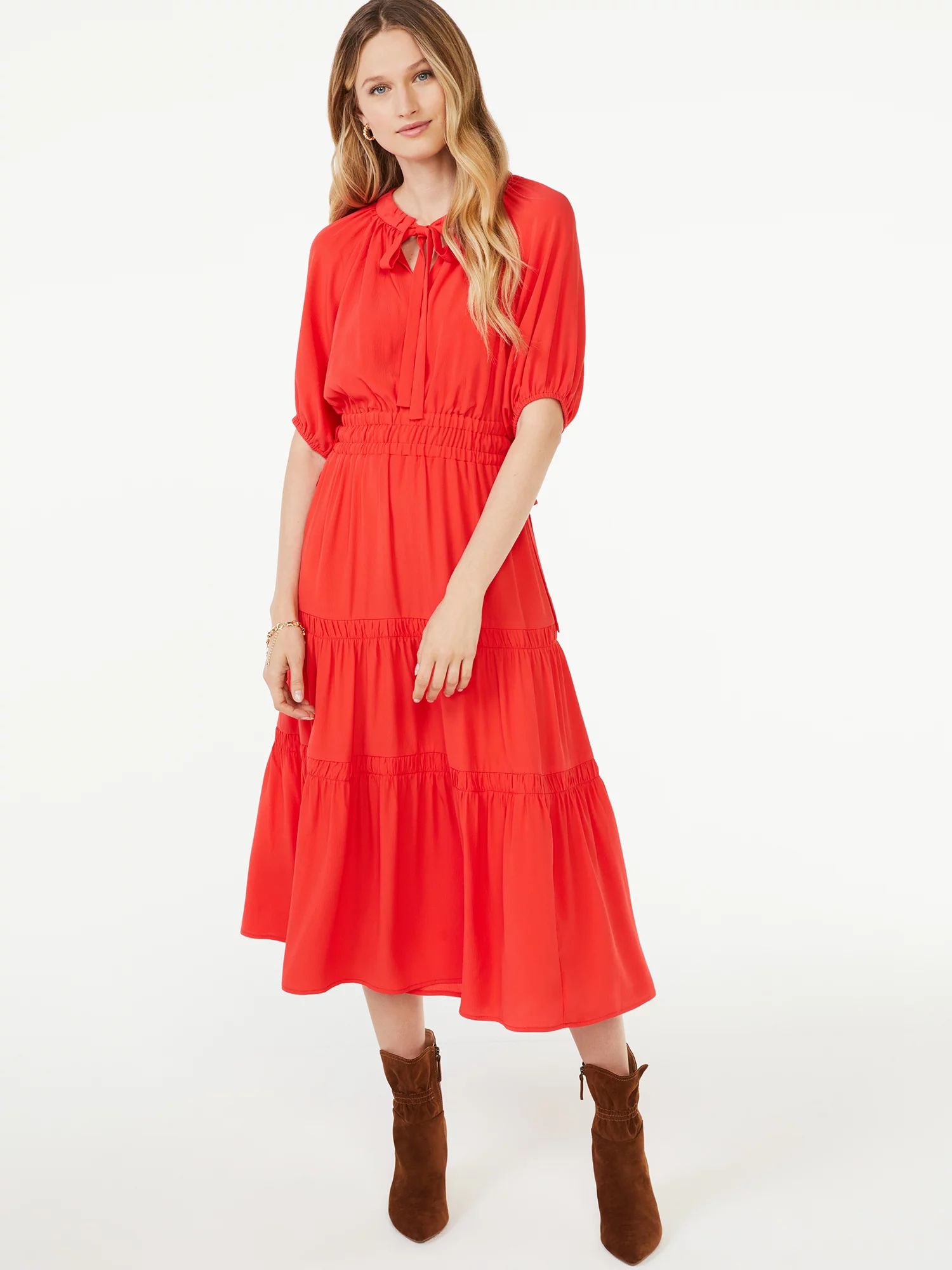 Scoop Women's Split Neck Tiered Midi Dress | Walmart (US)