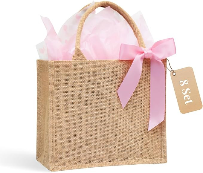 JollyFayre 8 Set Bridesmaid Bag with Pink Ribbon and Tissue Paper, Reusable Burlap Tote Gift Bags... | Amazon (US)