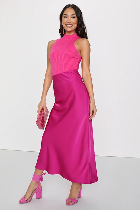 Chasing Charm Magenta Satin High-Waisted Midi Skirt | Lulus (US)