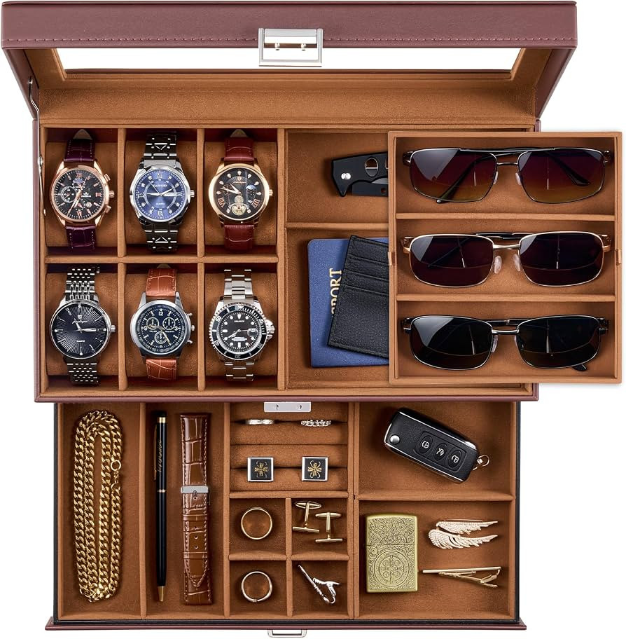 ProCase Mens Jewelry Box, 6 Slot Watch Box & 3 Slot Sunglass Holder -Brown | Amazon (US)