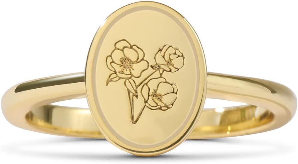 Drawelry 18K Gold Plated Engraved Flower Signet Ring, Silver Handmade Botanical Floral Sunflower ... | Amazon (US)