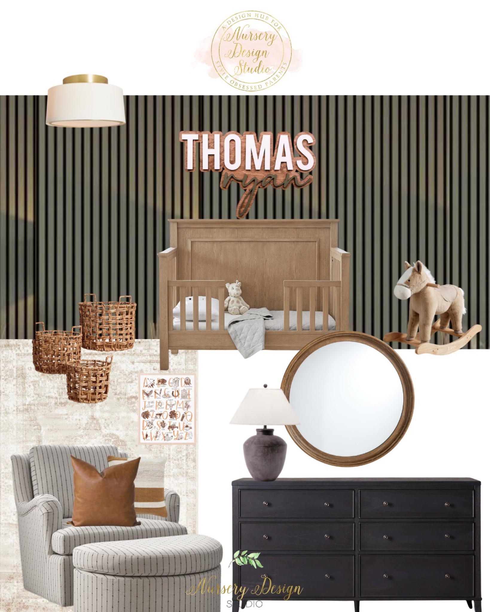 Gorgeous green nursery, wood tone crib, black dresser changing table, nursery chair 

#LTKsalealert #LTKhome #LTKbaby