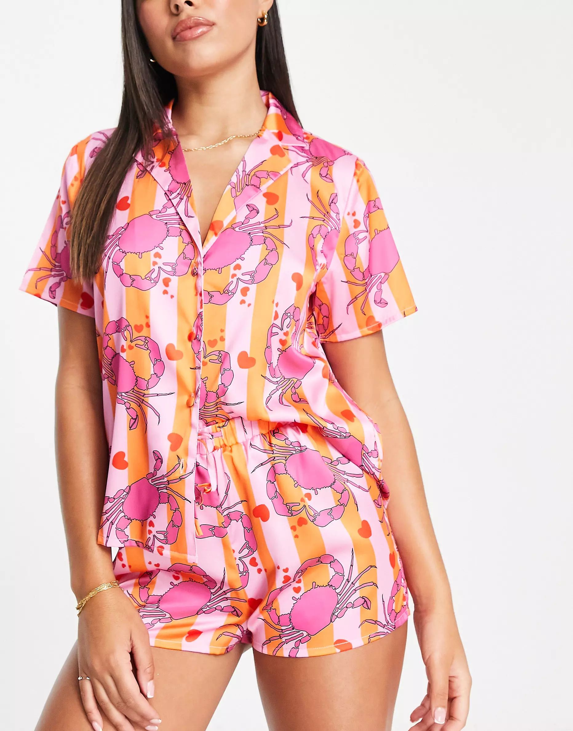 ASOS DESIGN Valentines satin crab print shirt & short pajama set in pink & orange stripe | ASOS (Global)