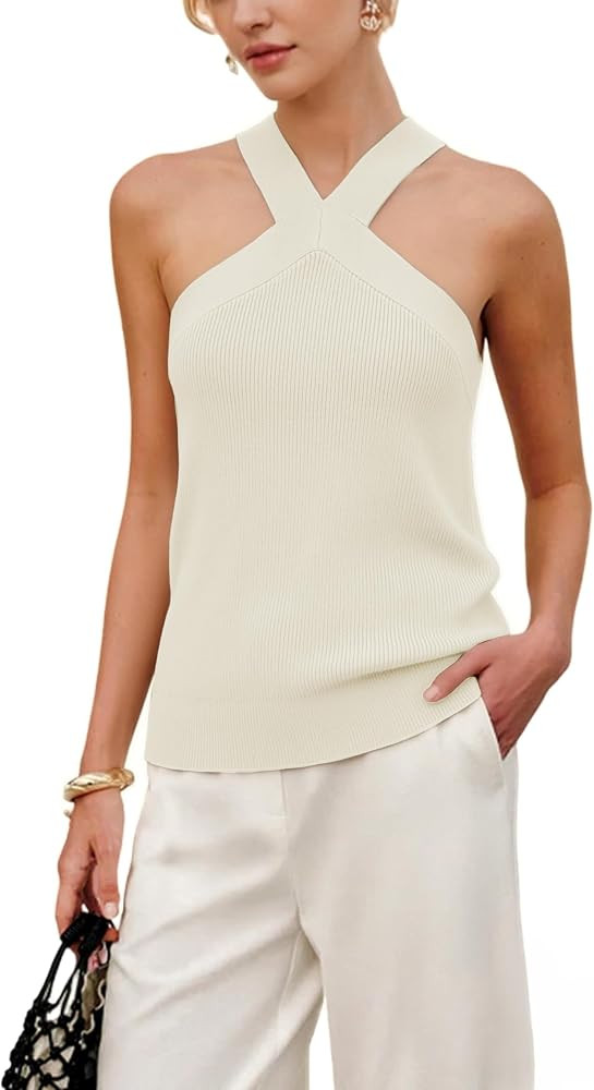 Springrain Womens Summer Cross Over Halter Knit Tank Tops Casual Sleeveless V Neck Solid Pullover | Amazon (US)