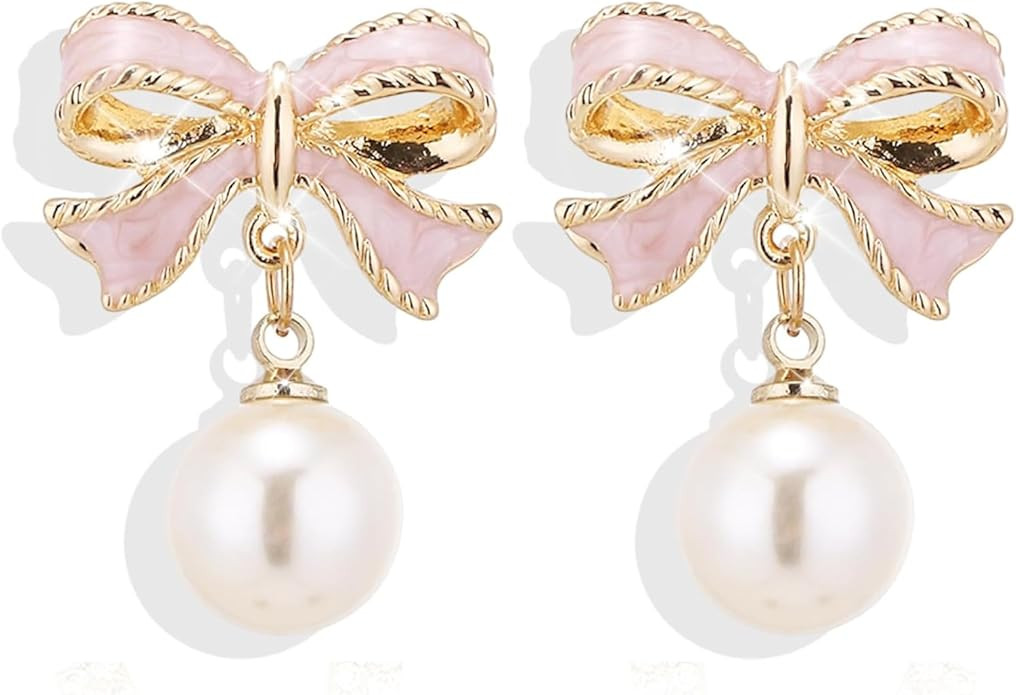 Bow Earrings for Women Gold Bow Earrings Pearl Bow Earrings Pearl Drop Earrings Elegant Pearl Ear... | Amazon (US)