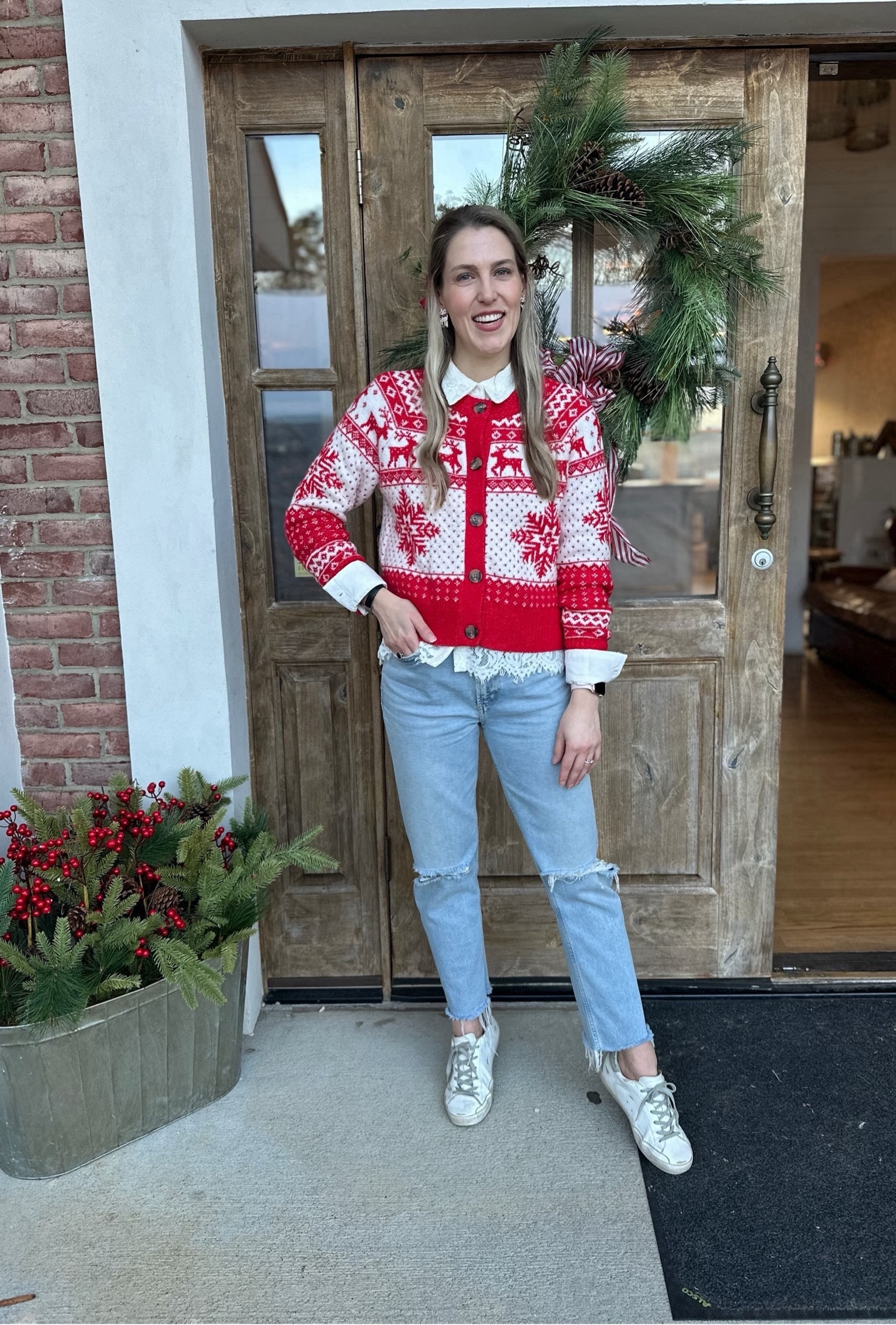 Cardigan - thrifted Old Navy so I’ll link similar 

Lace button down - TJ MAXX find, linking similar 

Jeans - older, linking a similar pair. Went with  size 24 in this brand.

Sneakers - I’m a size 38 EU

#LTKstyletip #LTKHoliday