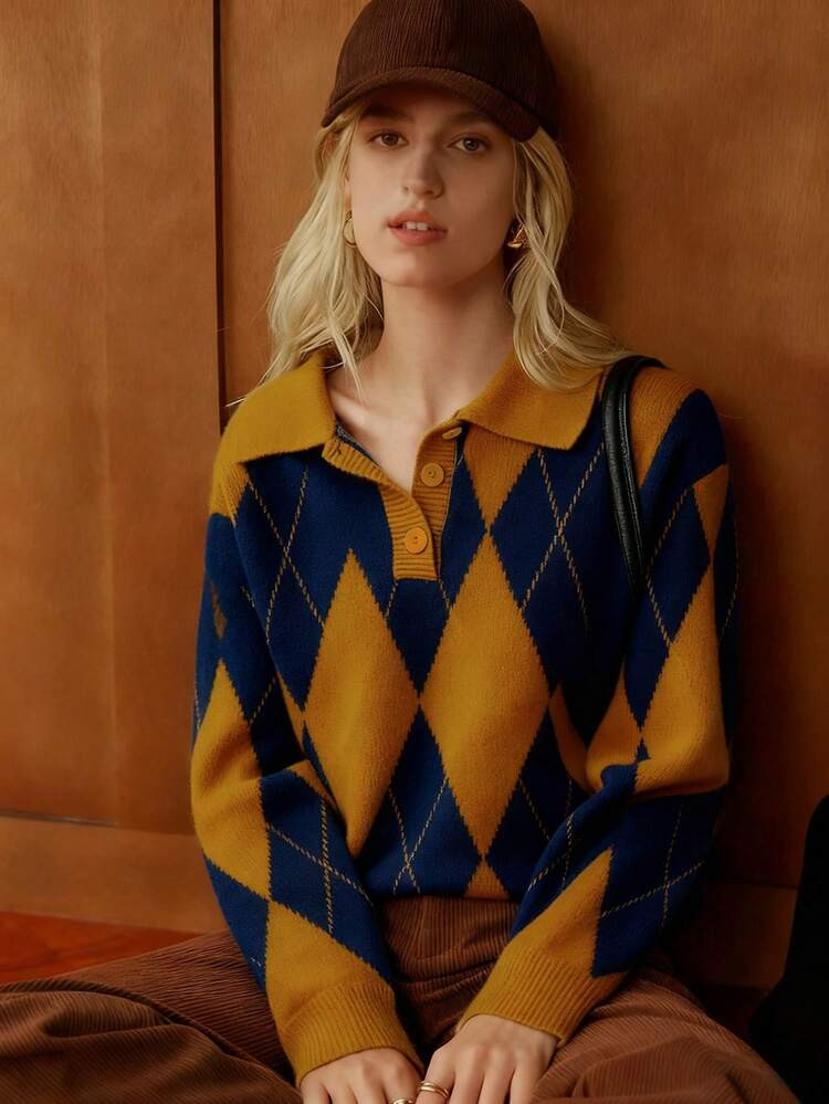 Écloséra French Retro Loose Polo Collar Long Sleeve Knitted Colorblock Diamond Pattern Half-Button Design Khaki Women Pullover Sweater, Autumn/Winter | SHEIN