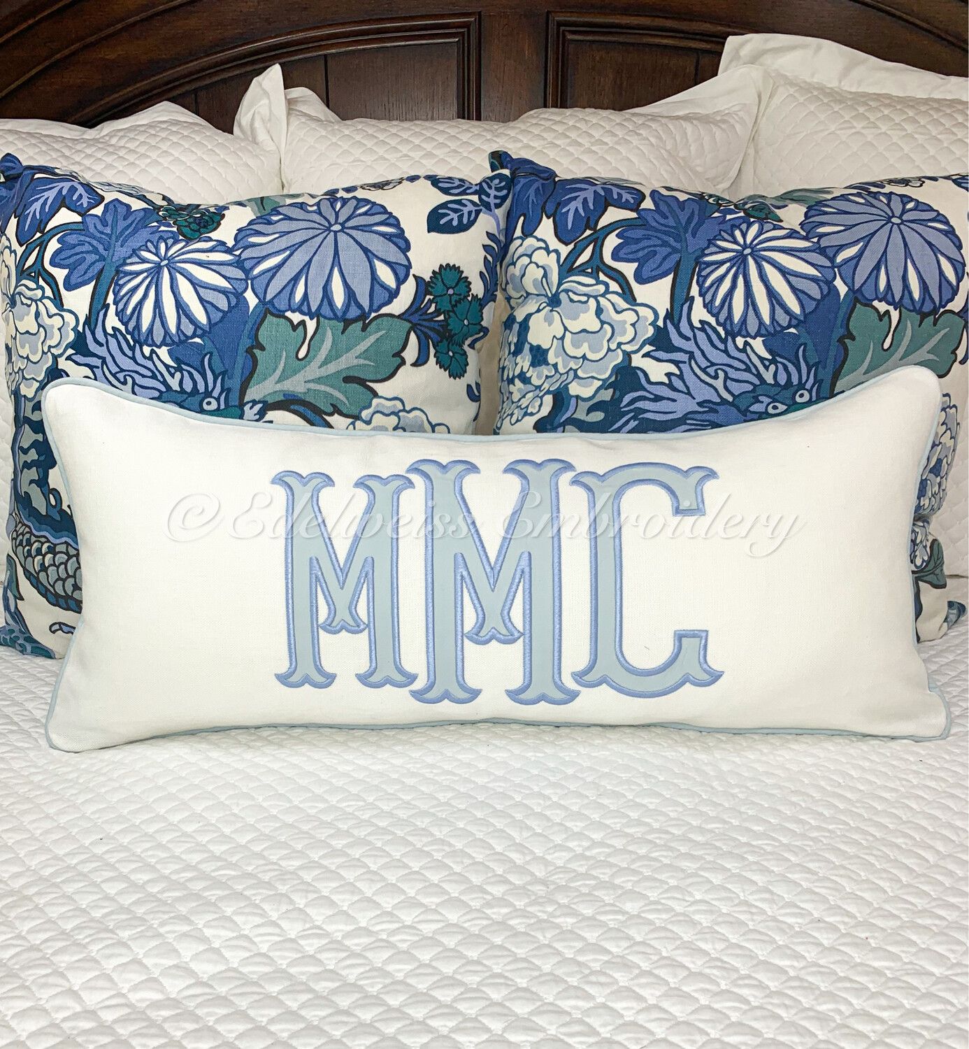 Appliqué Monogram Lumbar, Available In Linen, Pique , Or Schumacher White Blake Polished Cotton | Edelweiss Embroidery