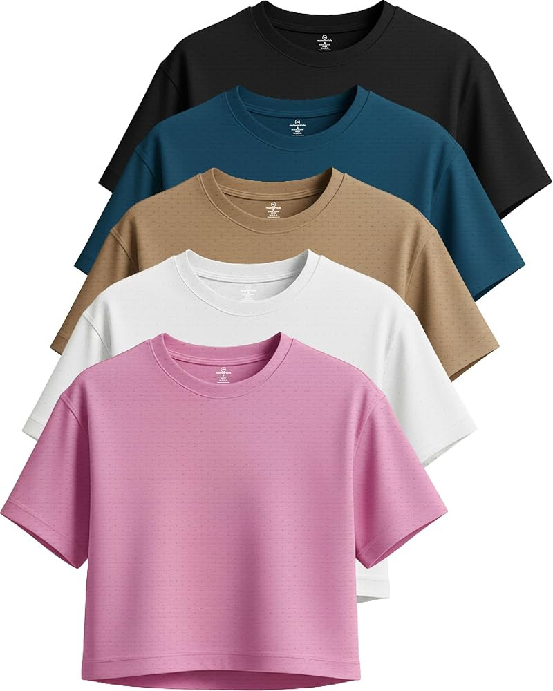 Real Essentials 5 Pack: Women's Dry-Fit Breeze Tech Crop Tops \u2013 Short Sleeve Athletic Workou... | Amazon (US)