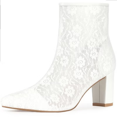 BLISSFUL STEP Pointed Toe Block Heels Floral Lace Ankle Booties for Women 7 White | Target