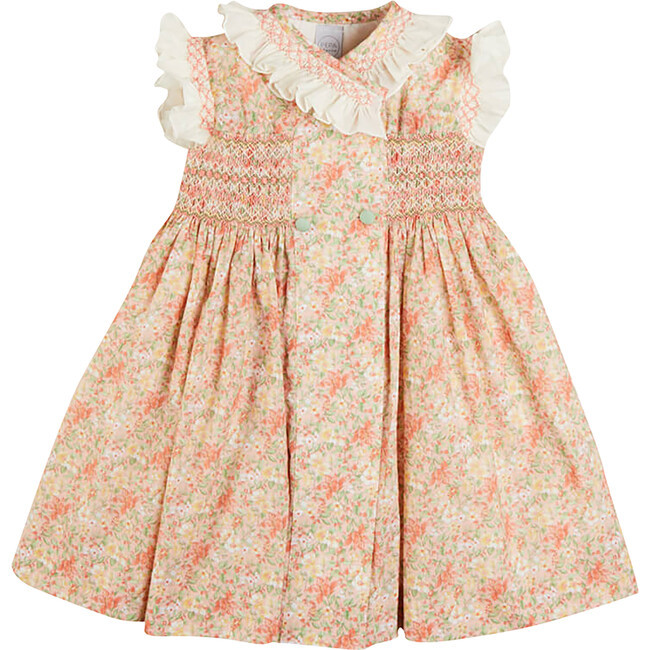 Sophie Floral Print Handsmocked Double Breasted Dress, Peach | Maisonette