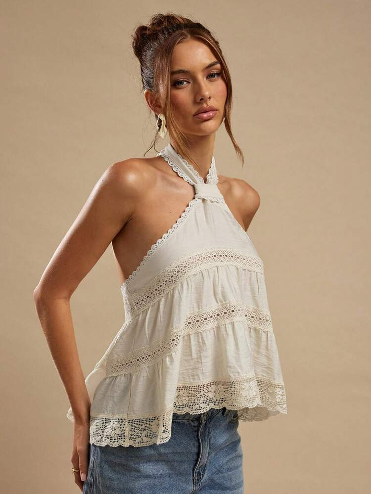 SHEIN BAE Apricot Lace Patchwork Halter Neck Backless Blouse For Women, Summer Vacation Beach Wear | SHEIN