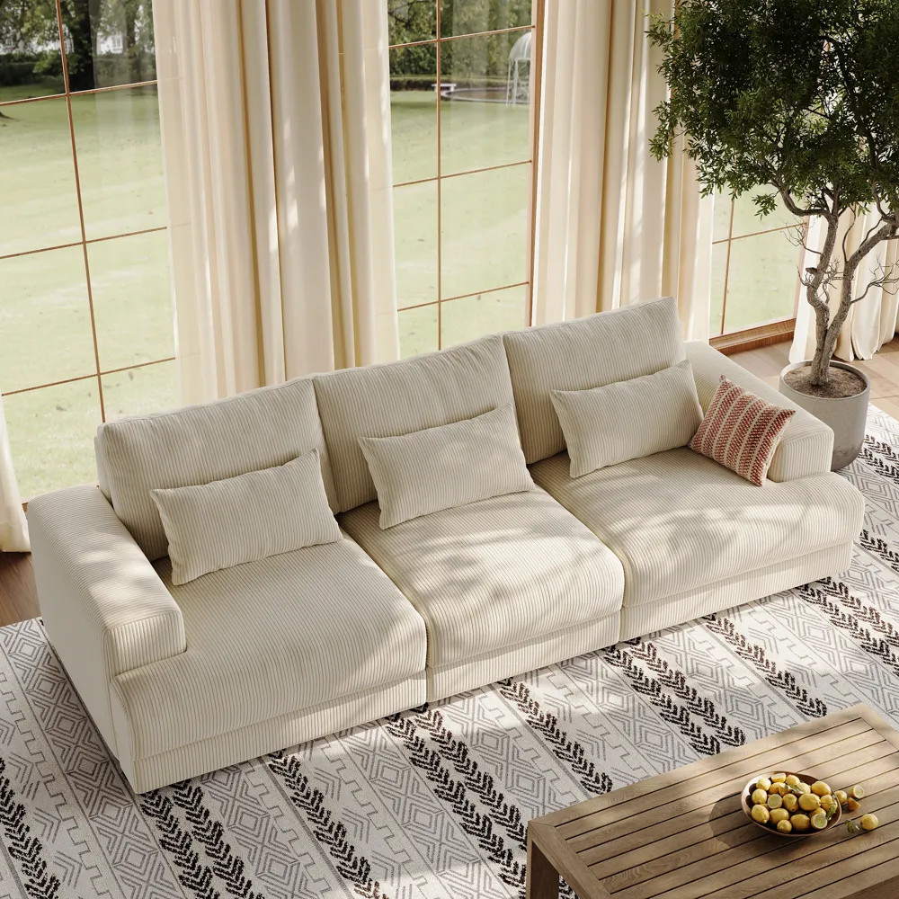 Comfy 3-Seater Cloud Couch with Cushions, Customizable Corduroy Fabric, Modern Beige Sofa for Liv... | POVISON