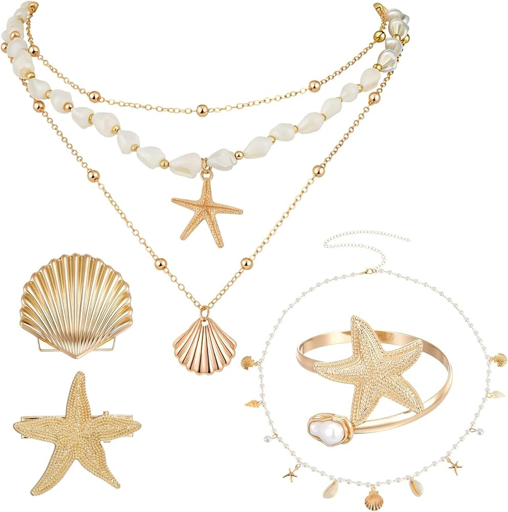 Tondiamo 7pcs Beach Jewelry Set for Women, Gold Starfish Seashell Waist Body Chain, Hair Clips, S... | Amazon (US)