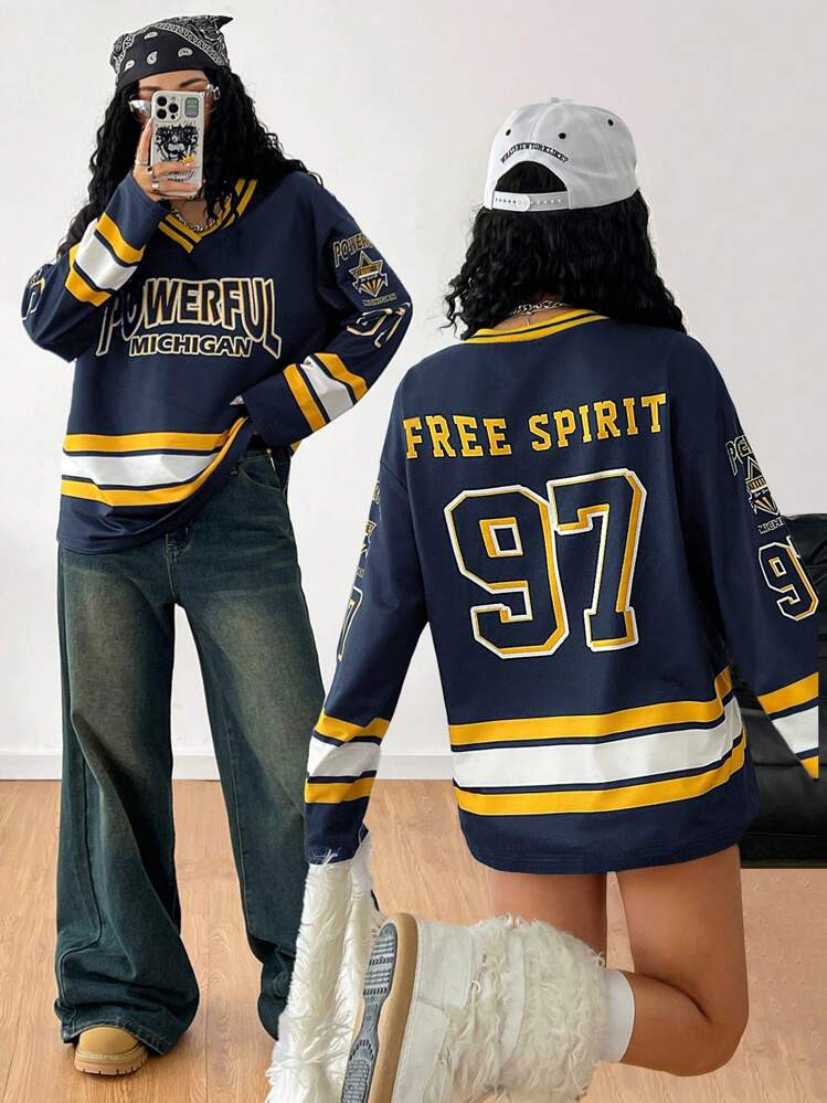 Coolane Women's Fall/Winter Casual Sportswear Number Graphics Black Over Size Long Sleeve Jersey T Shirt | SHEIN