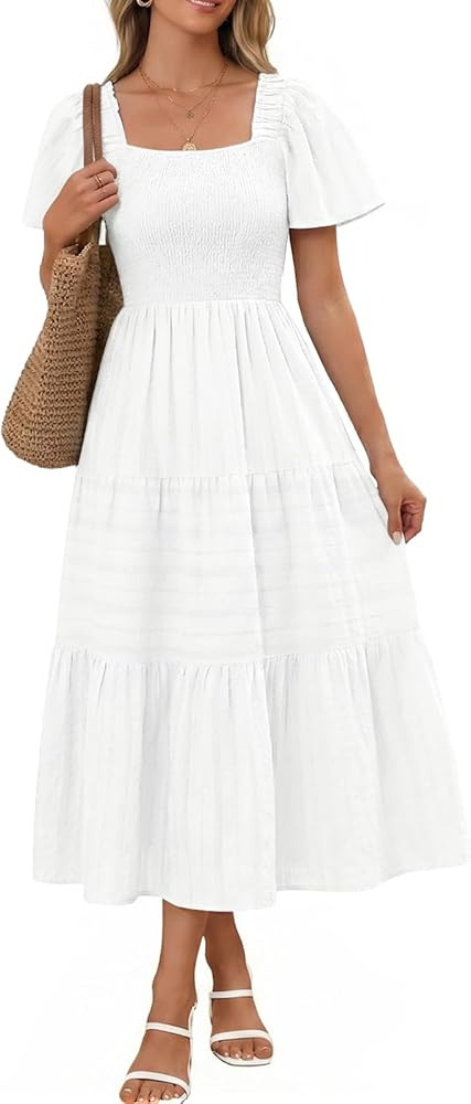 Bbonlinedress Women's Summer Midi Casual Dress 2026 Flowy Short Sleeve Square Neck Smocked Ruffle... | Amazon (US)