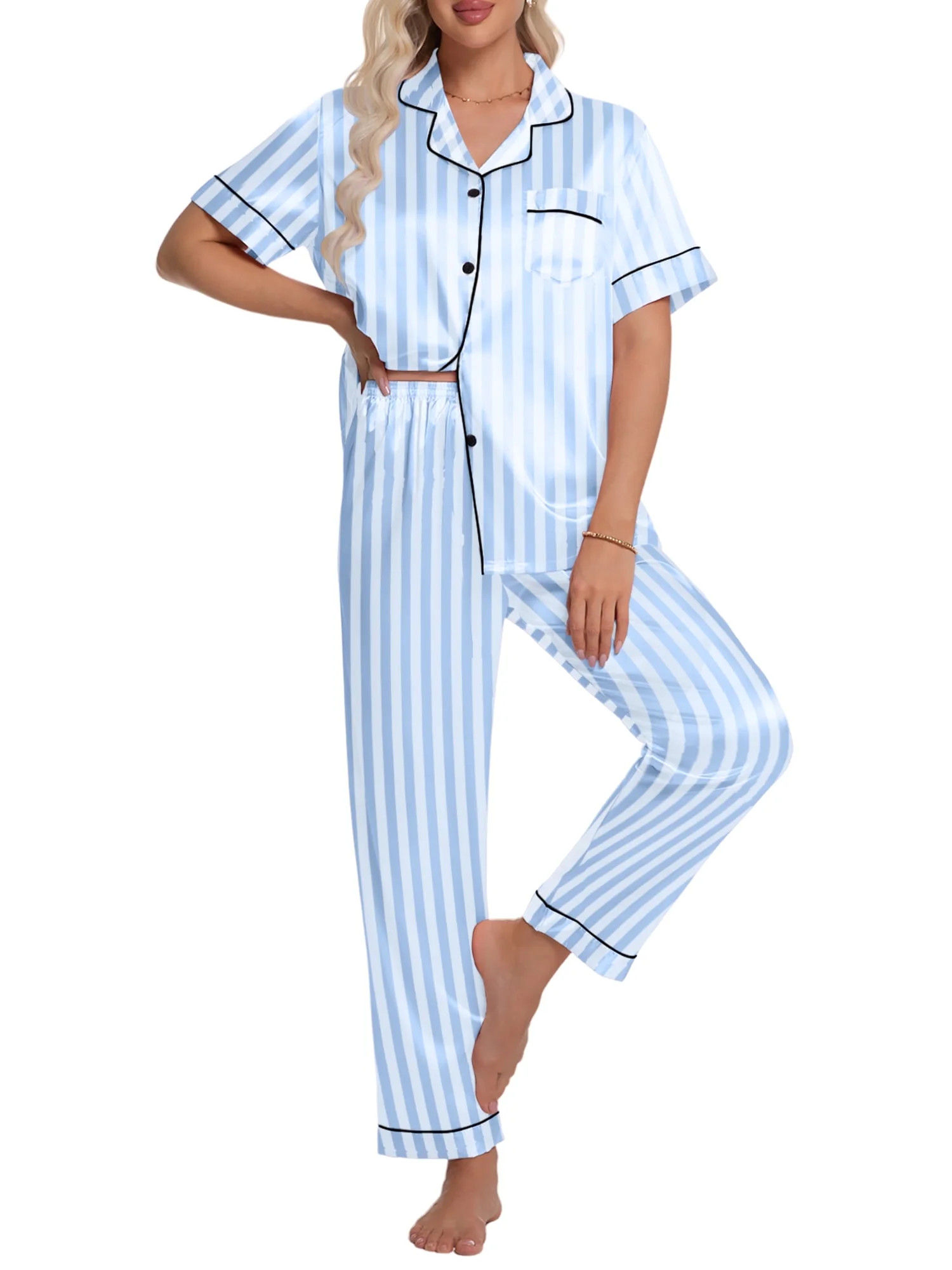 DAKIMOE Silk Satin Pajamas Set for Women Two-Piece Short Sleeve Shirt with Long Pajama Pant Set S... | Walmart (US)