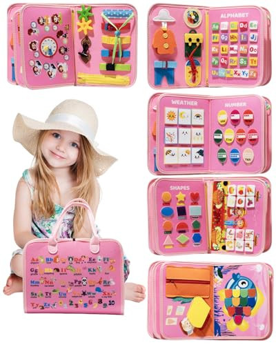Busy Board Montessori Toys for 1 2 3 4 Year Old Girl Busy Book for Toddlers Preschool Learning Book for Fine Motor Skills, Sensory Toys for Autism Kids, Birthday Valentines Gifts for Girl 1-3 -Pink | Amazon (US)