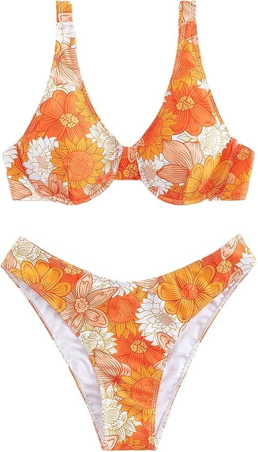 WDIRARA Women's Floral Print High Cut Underwire 2 Piece Bikini Set Bathing Swimsuits | Amazon (US)